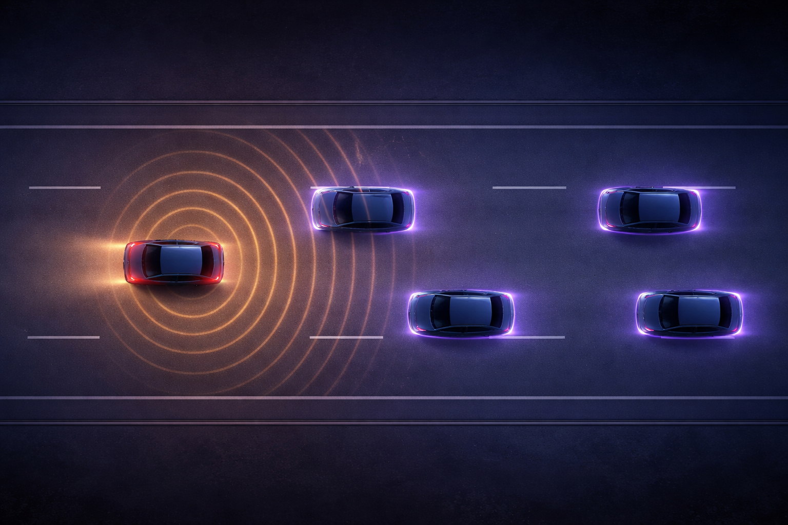 V2V Alert Propagation — Highway at night